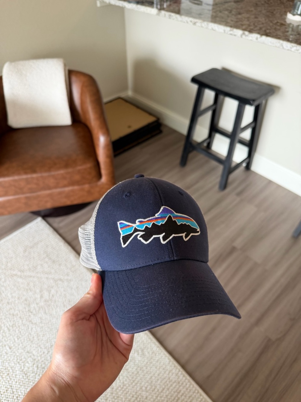 Patagonia Navy and Gray Trout Patch Trucker Hat